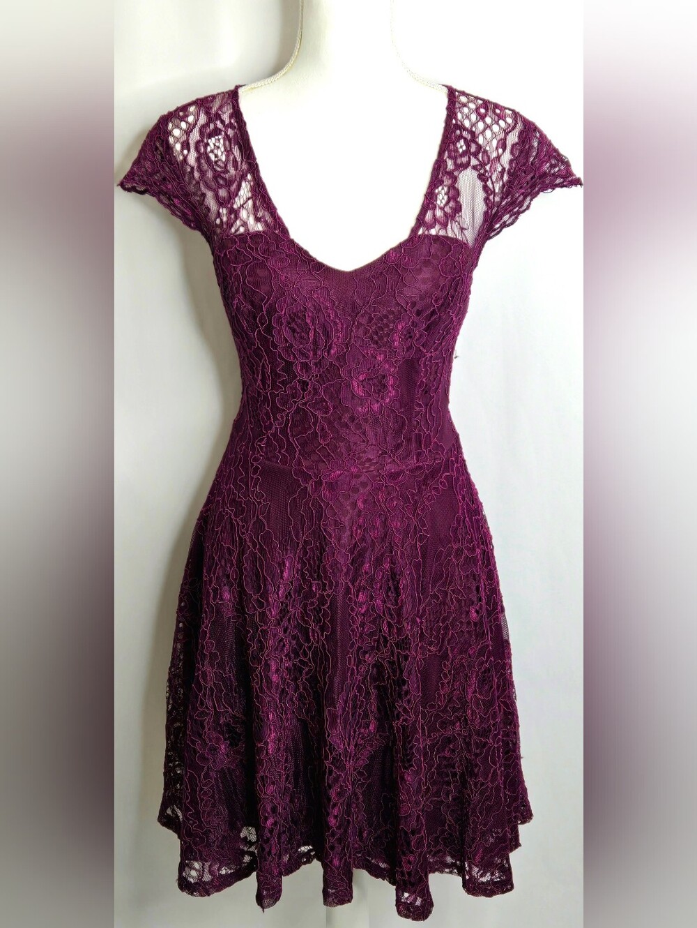 Francesca's Plum Floral Lace Open Back Fit Flare Dress NWOT M